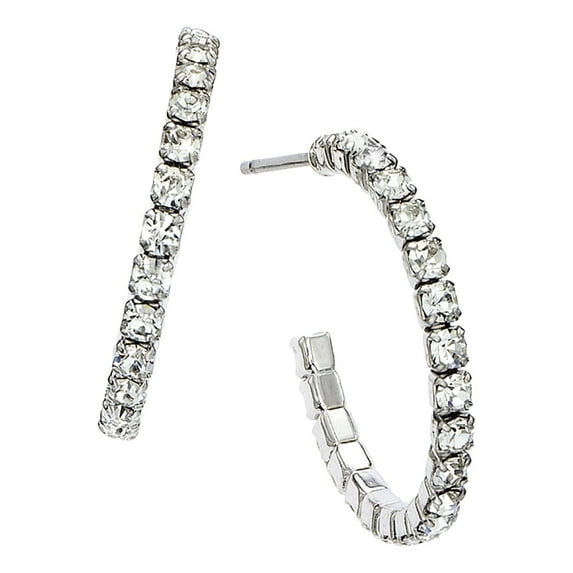 X & O Women's Silver Plated 20mm J-Hoop Earrings with White Crystals