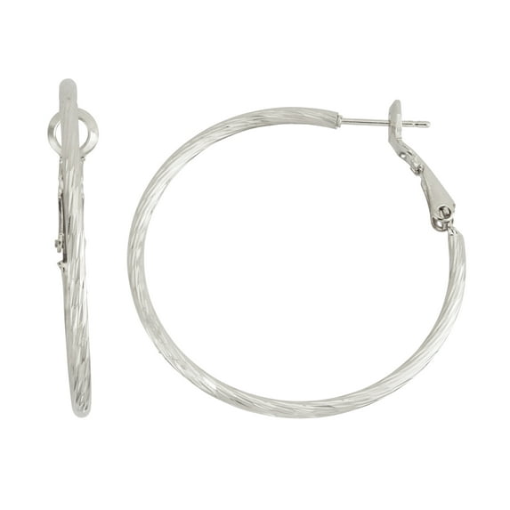 X & O Women's Silver Plated Twisted Diamond Cut 2mm X 40mm Hoop Earrings