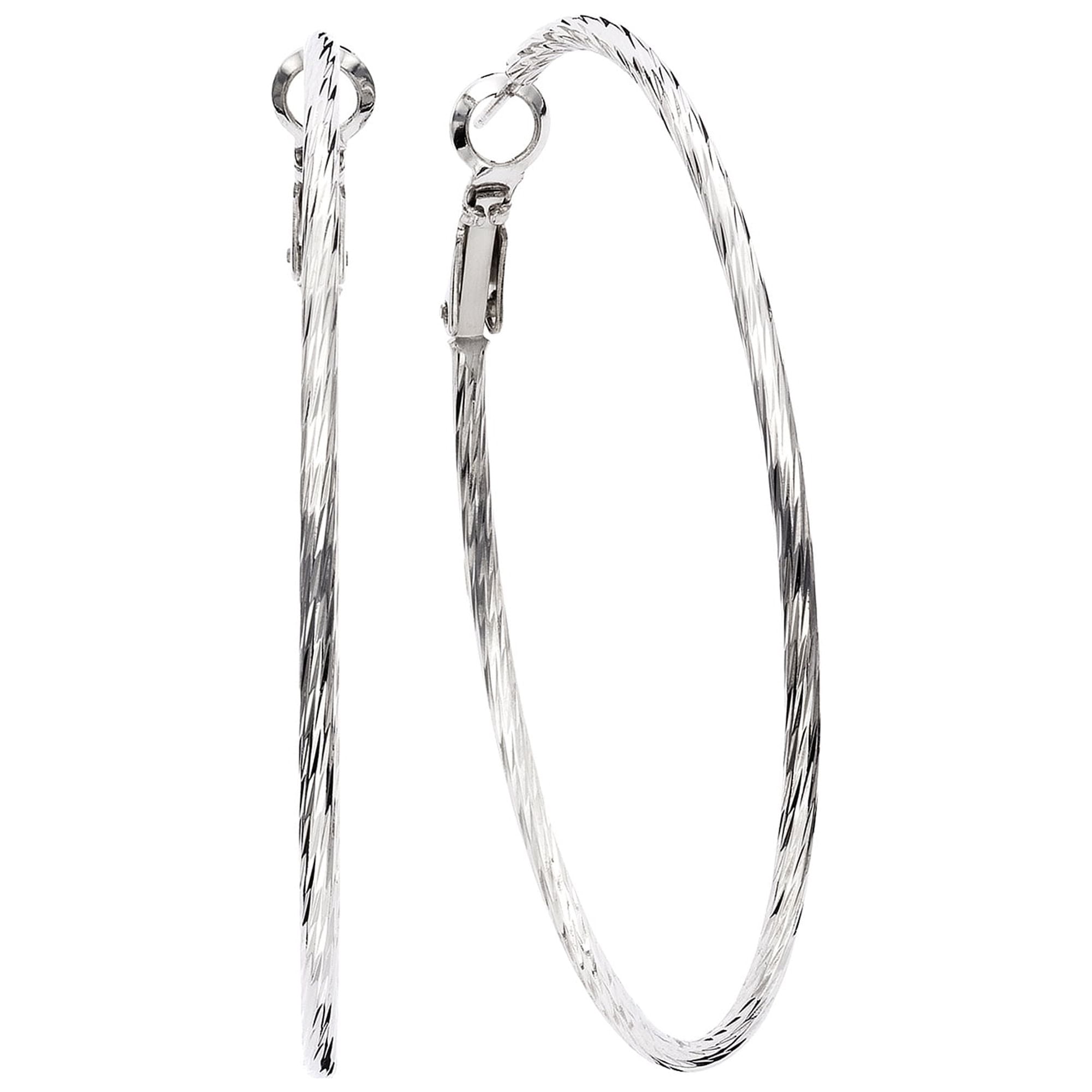 X & O Women's Silver Plated Twisted Diamond Cut 2mm X 60mm Hoop Earrings