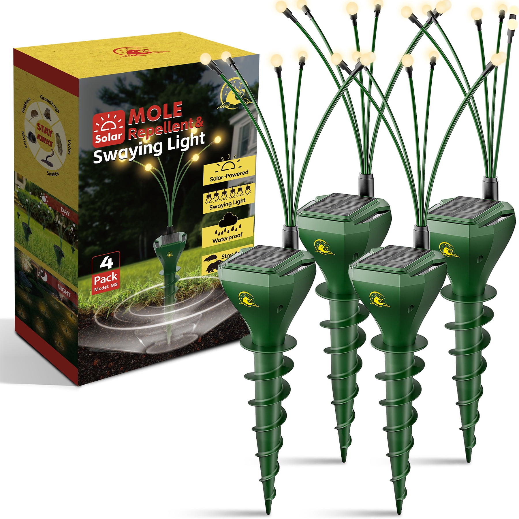 X-PEST 4 Pack Mole Repellent Stake with Bulbs,  Gopher Repellent Ultrasonic, Solar Powered Mole Repellent Ultrasonic, Skunk Repellent for Yard, Squirrel Repellent Outdoor