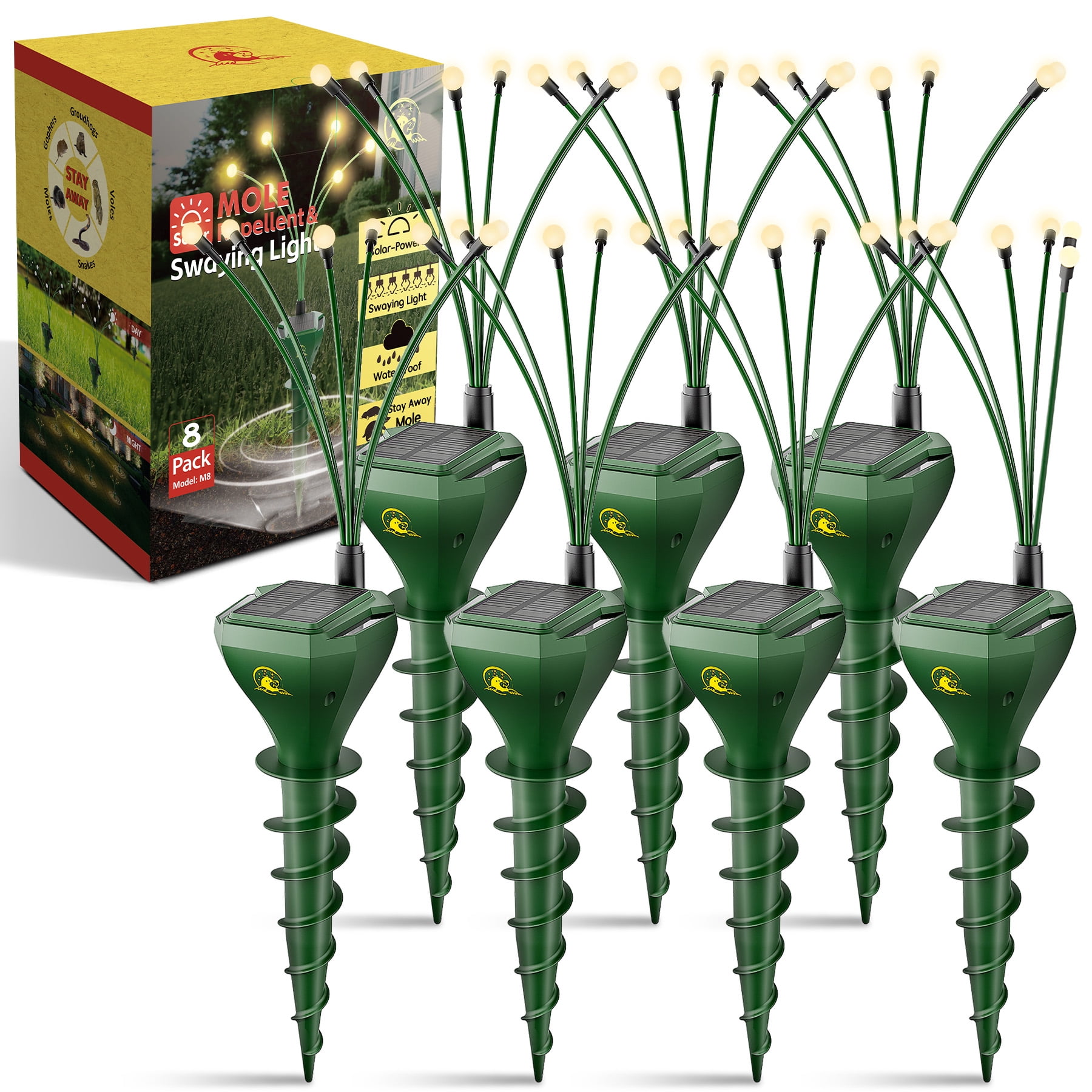 X-PEST 8 Pack Mole Repellent Stake with Bulbs,  Gopher Repellent Ultrasonic, Solar Powered Mole Repellent, Skunk Repellent for Yard, Squirrel Repellent Outdoor