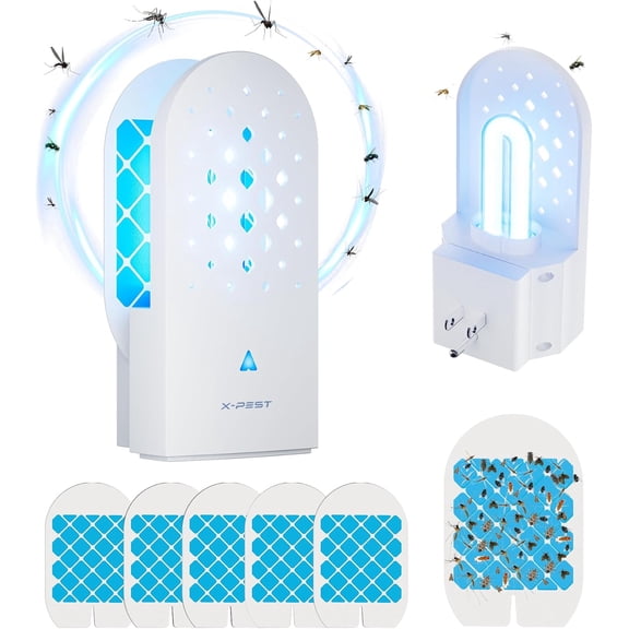 X-PEST Fly Trap Indoor, Gnat Traps with Light Tube, Plug in to Catch Flying Insects, Like Flies, Fruit Flies, Moths, Mosquitoes- Fly Zapper for Indoor Area Use (1 Device+5 Glue Boards)