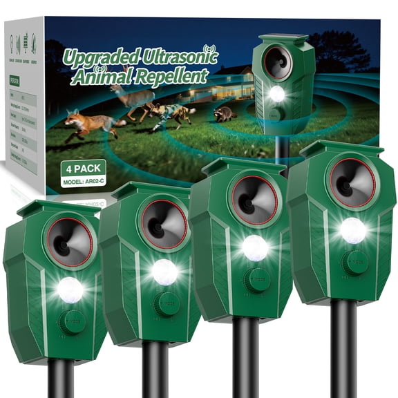 X-PEST Squirrel Repeller Device 4 Pack, Ultrasonic Solar Wildlife Repeller with Motion Activated and Blinking LED Light, Waterproof  Deer Repellent