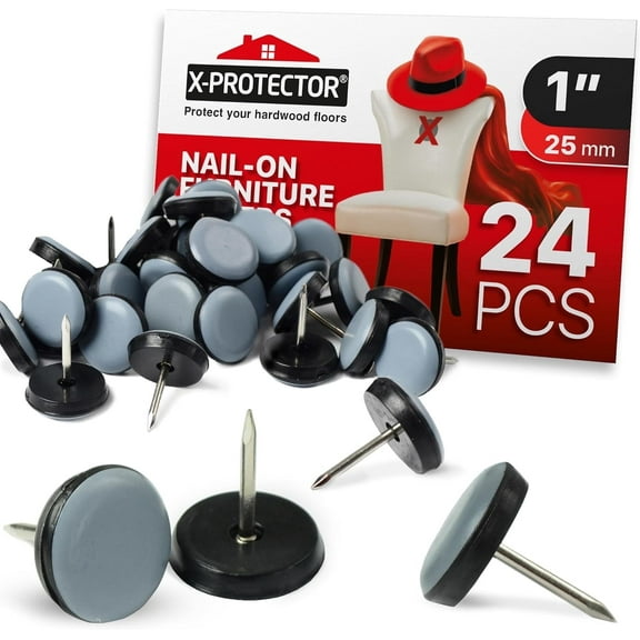 X-PROTECTOR Chair Glides - 24 PCS 1” Grey Nail-On Sliders - Protect Floors & Move Furniture Easily