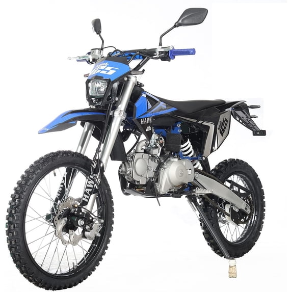 X-Pro 125cc blue dirt bike with 4-speed manual transmission, electric and kick start