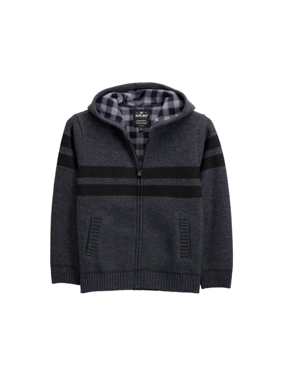 Boys (6-12) Full Zip Fleece Flannel Lining Sweater with Hood, Kids Knit Sweater for Spring, Fall and Winter | Charcoal Black,