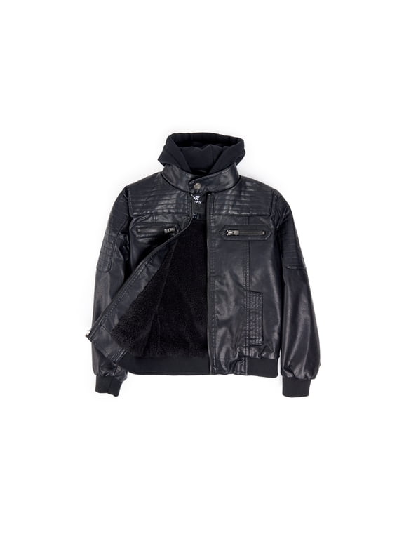 JEANS Boy's Lined PU Jacket With Knit Hood, Black, L