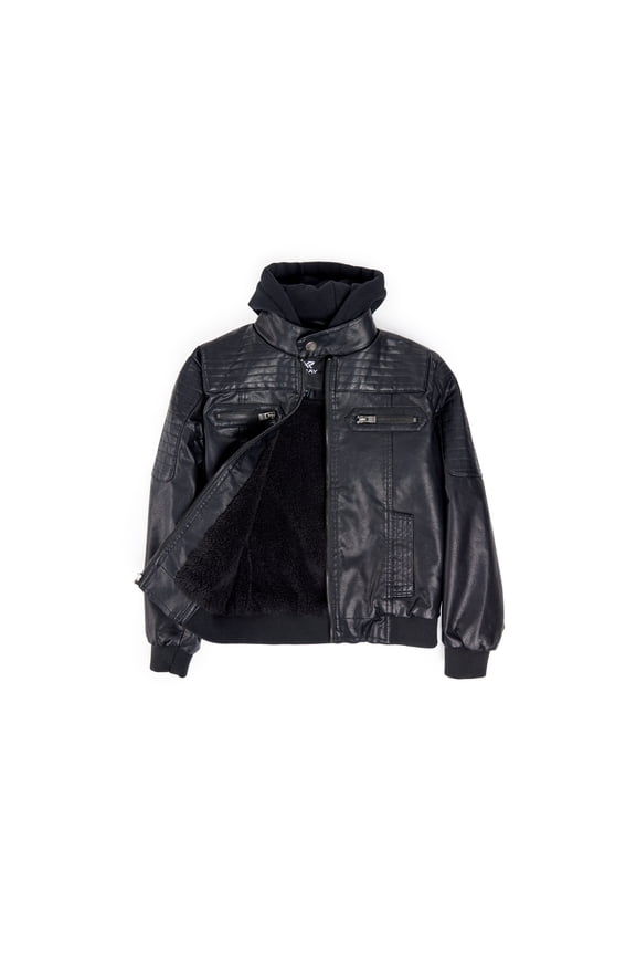 JEANS Boy's Lined PU Jacket With Knit Hood, Black, M
