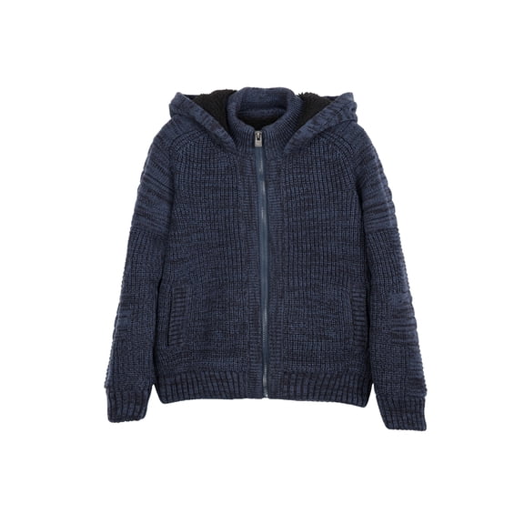 X RAY JEANS Boy's Hooded Faux Shearling Lining Full Zip Sweater With Moto Design Arm Piece, Navy, M