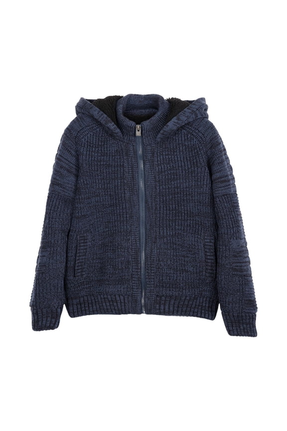 JEANS Boy's Hooded Faux Shearling Lining Full Zip Sweater With Moto Design Arm Piece, Navy, XL