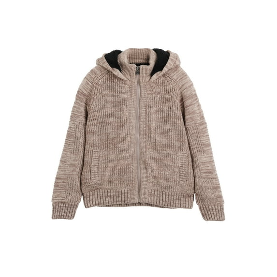 X RAY JEANS Boy's Hooded Faux Shearling Lining Full Zip Sweater With Moto Design Arm Piece, Oatmeal/Marble, S