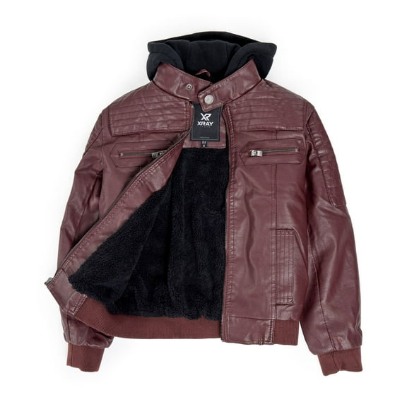 X RAY JEANS Boy's Lined PU Jacket With Knit Hood, Burgundy, M