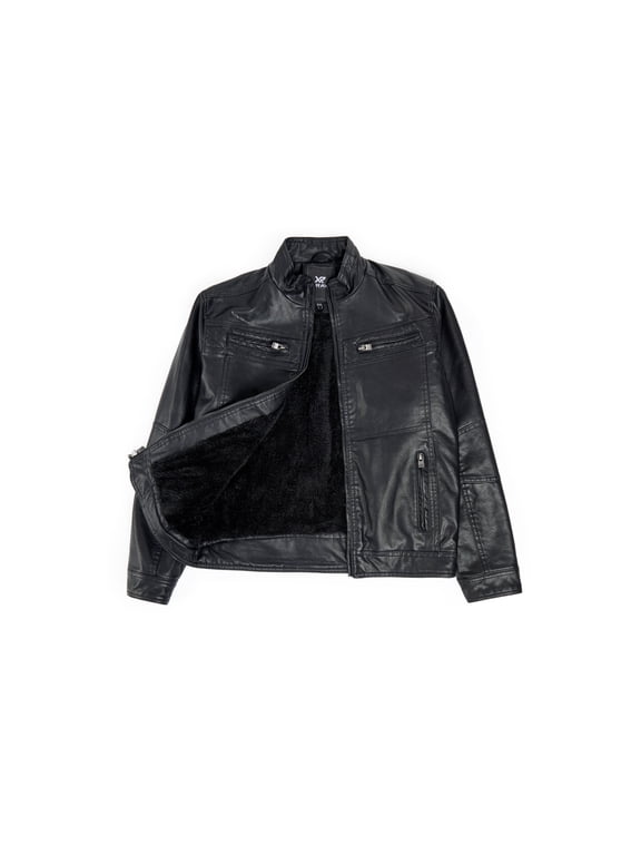 Teen Faux Leather Jacket for Fall & Winter (S - XL), Kids Outerwear Coat, Motorcycle PU Leather Jacket for Boys, Black, L