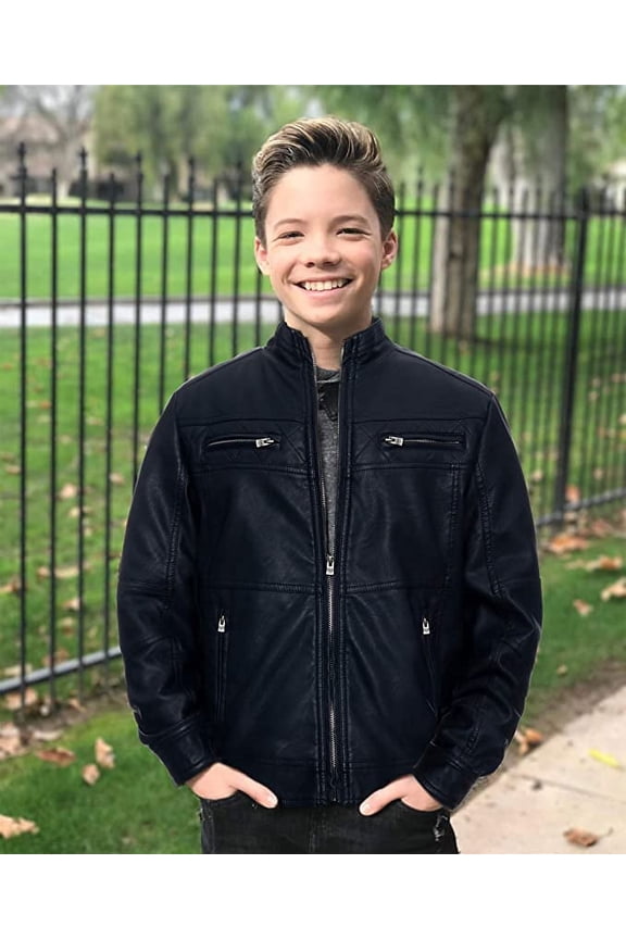 Teen Faux Leather Jacket for Fall & Winter (S - XL), Kids Outerwear Coat, Motorcycle PU Leather Jacket for Boys, Black, M