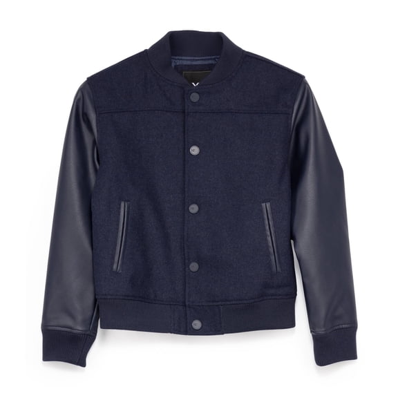 X RAY JEANS Boy's Wool Varsity Bomber Jacket With Grainy PU Sleevees, Navy/Navy, L
