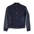 thumbnail image 1 of X RAY JEANS Boy's Wool Varsity Bomber Jacket With Grainy PU Sleevees, Navy/Navy, M, 1 of 10