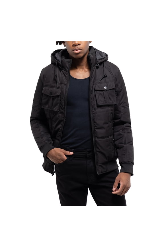 Jeans Hooded Puffer Jacket with Patch Chest Pockets, Black, S
