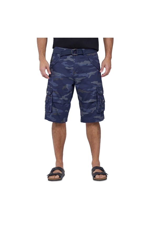 JEANS Men's Belted 12.5" Inseam Knee Length Cargo Shorts, Navy Camo, 34