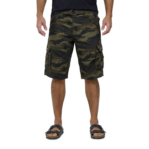 X RAY JEANS Men's Belted 12.5" Inseam Knee Length Cargo Shorts, Olive Camo, 36
