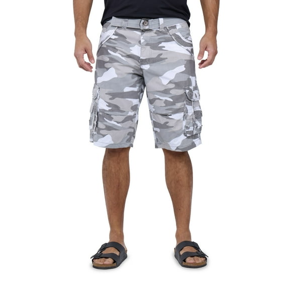 X RAY JEANS Men's Belted 12.5" Inseam Knee Length Cargo Shorts, White Camo, 28