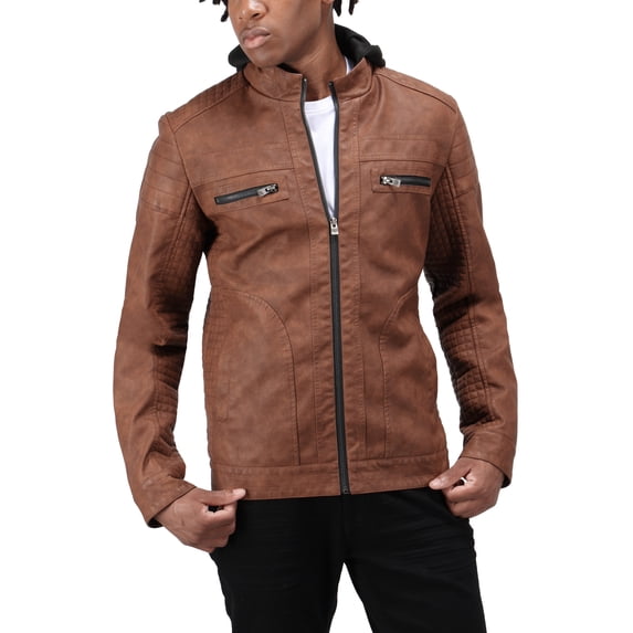 X RAY Jeans Men's PU Leather Jacket with Hood And Faux Shearling Lining, Tan, 2XL