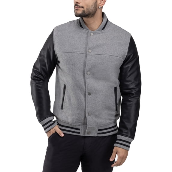 X RAY Jeans Men's Wool Varsity Bomber Jacket with PU Sleeves, Grey/Black, S