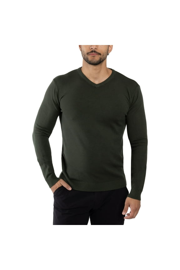 JEANS Mens Basic V-Neck Sweater Pullover, Olive, L