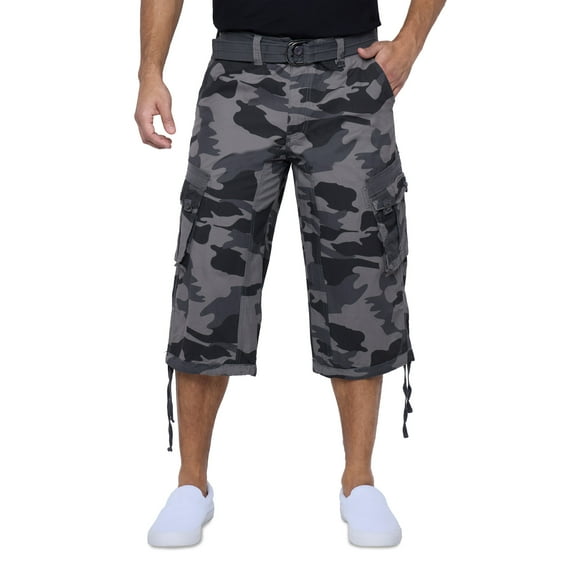 X RAY JEANS Mens Belted 18" Inseam Below Knee Long Cargo Shorts, Black Camo, 42
