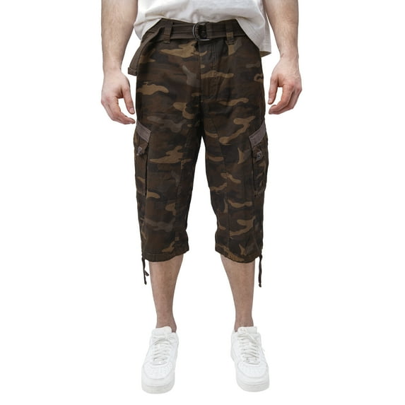 X RAY JEANS Mens Belted 18" Inseam Below Knee Long Cargo Shorts, Brown Camo, 38