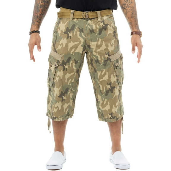 X RAY JEANS Mens Belted 18" Inseam Below Knee Long Cargo Shorts, Desert Camo, 34