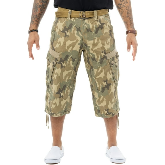 X RAY JEANS Mens Belted 18" Inseam Below Knee Long Cargo Shorts, Desert Camo, 34
