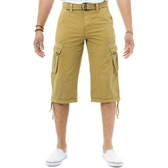 X RAY JEANS Mens Belted 18" Inseam Below Knee Long Cargo Shorts, Khaki, 44