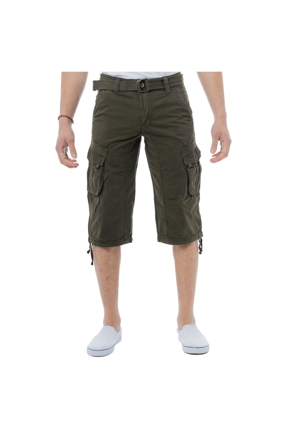 JEANS Mens Belted 18" Inseam Below Knee Long Cargo Shorts, Olive, 44