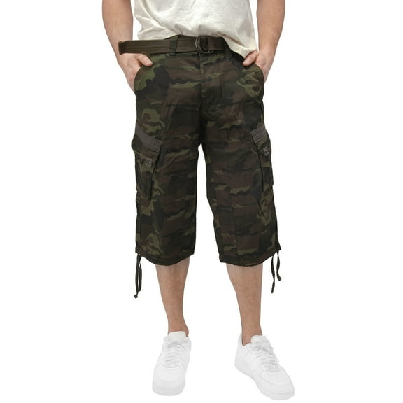 X RAY JEANS Mens Belted 18" Inseam Below Knee Long Cargo Shorts, Olive Camo, 40