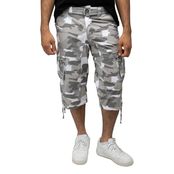 X RAY JEANS Mens Belted 18" Inseam Below Knee Long Cargo Shorts, White Camo, 32