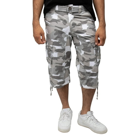 X RAY JEANS Mens Belted 18" Inseam Below Knee Long Cargo Shorts, White Camo, 40