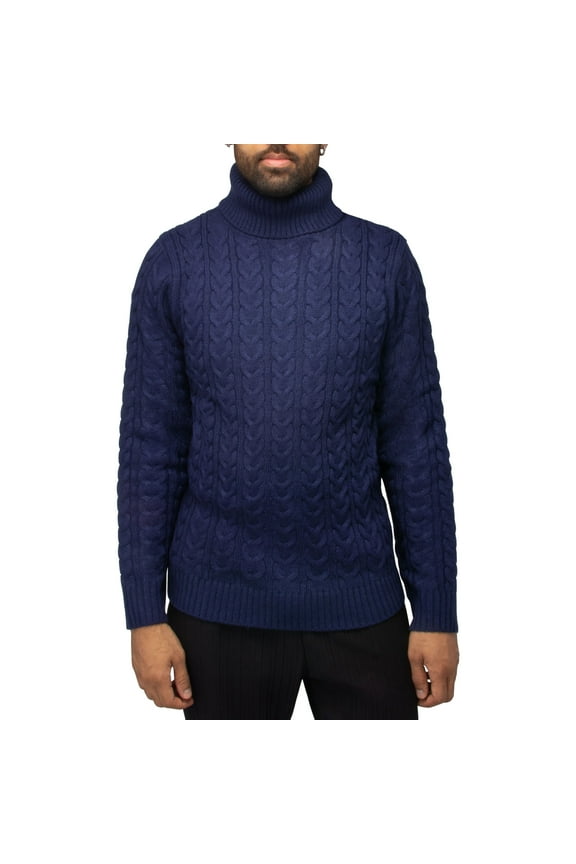 JEANS Mens Cable Knit Roll Neck Sweater, Navy, XL