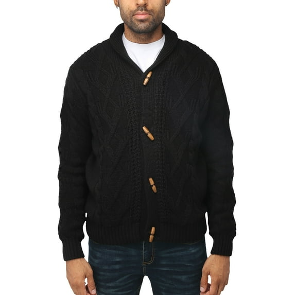 X RAY JEANS Mens Faux Shearling Shawl Collar Cable Knit Cardigan Sweater, Black, S
