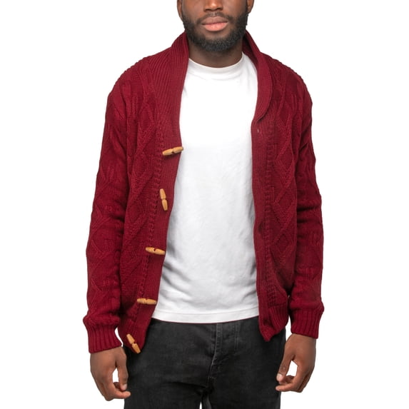 X RAY JEANS Mens Faux Shearling Shawl Collar Cable Knit Cardigan Sweater, Burgundy, 2XL