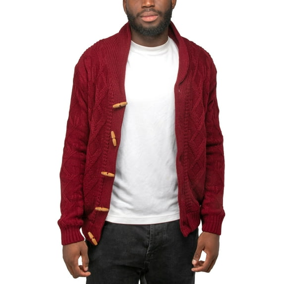X RAY JEANS Mens Faux Shearling Shawl Collar Cable Knit Cardigan Sweater, Burgundy, S