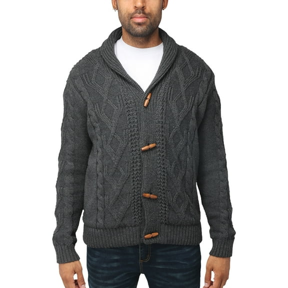 X RAY JEANS Mens Faux Shearling Shawl Collar Cable Knit Cardigan Sweater, Charcoal, L