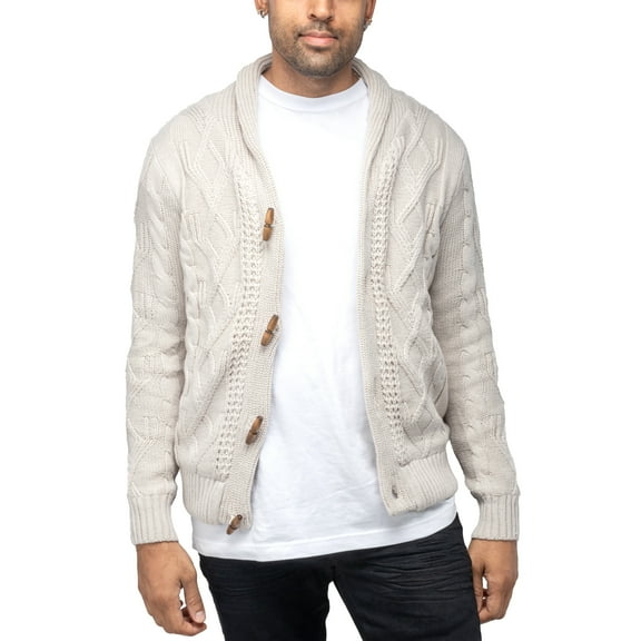 X RAY JEANS Mens Faux Shearling Shawl Collar Cable Knit Cardigan Sweater, Cream, M