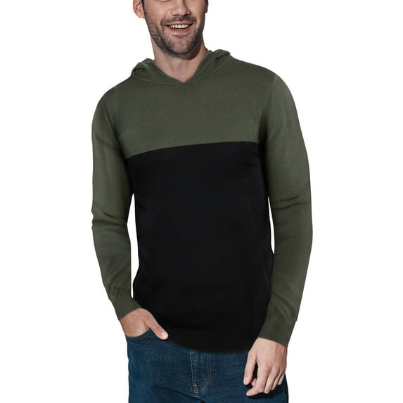 X RAY JEANS Mens Hooded Color Blocked Sweater, Olive/Black, 3XL