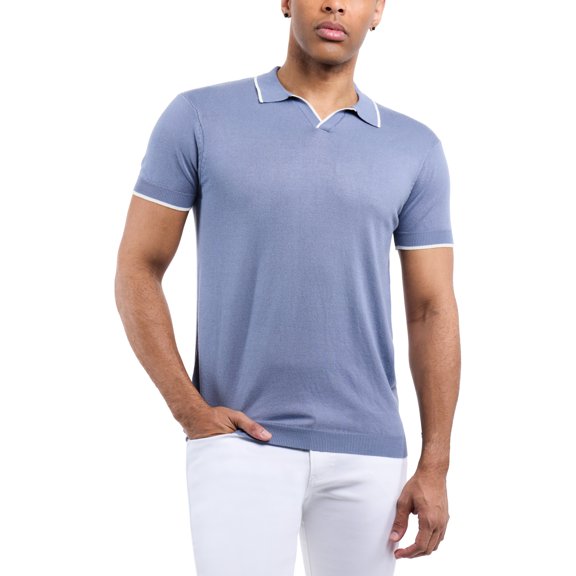 X RAY JEANS Men's Knit Johnny Collar Sweater Polo, Heather Slate, L