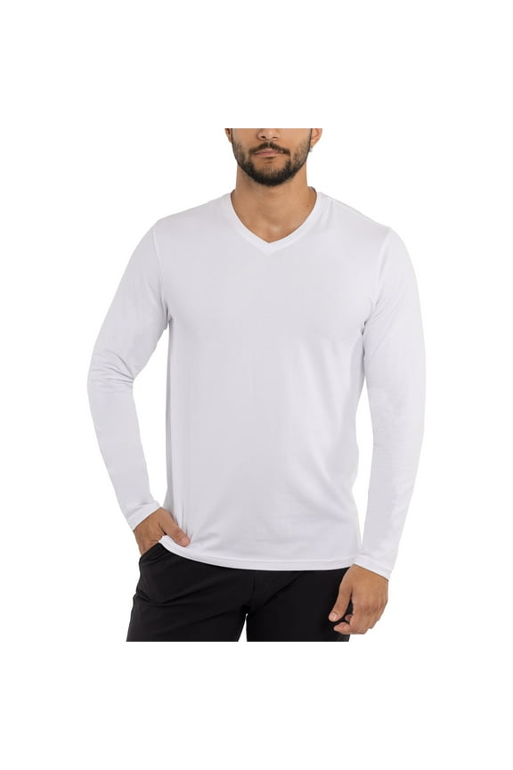 JEANS Mens Long Sleeve V-Neck T-Shirt, White, L