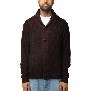 X RAY JEANS Mens Shawl Collar Cable Knit Cardigan, Burgundy, 2XL