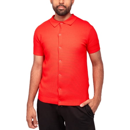 X RAY JEANS Mens Snap Front Texture Polo Sweater, Red, L