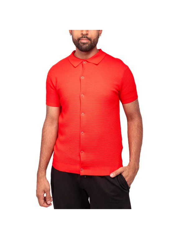 JEANS Mens Snap Front Texture Polo Sweater, Red, M
