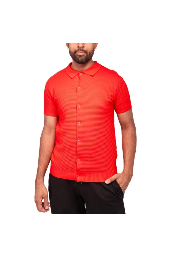 JEANS Mens Snap Front Texture Polo Sweater, Red, XL