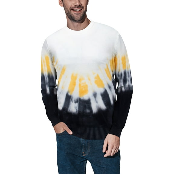 X RAY JEANS Mens Tie Dye Crewneck Sweater, Black/Yellow/White, S